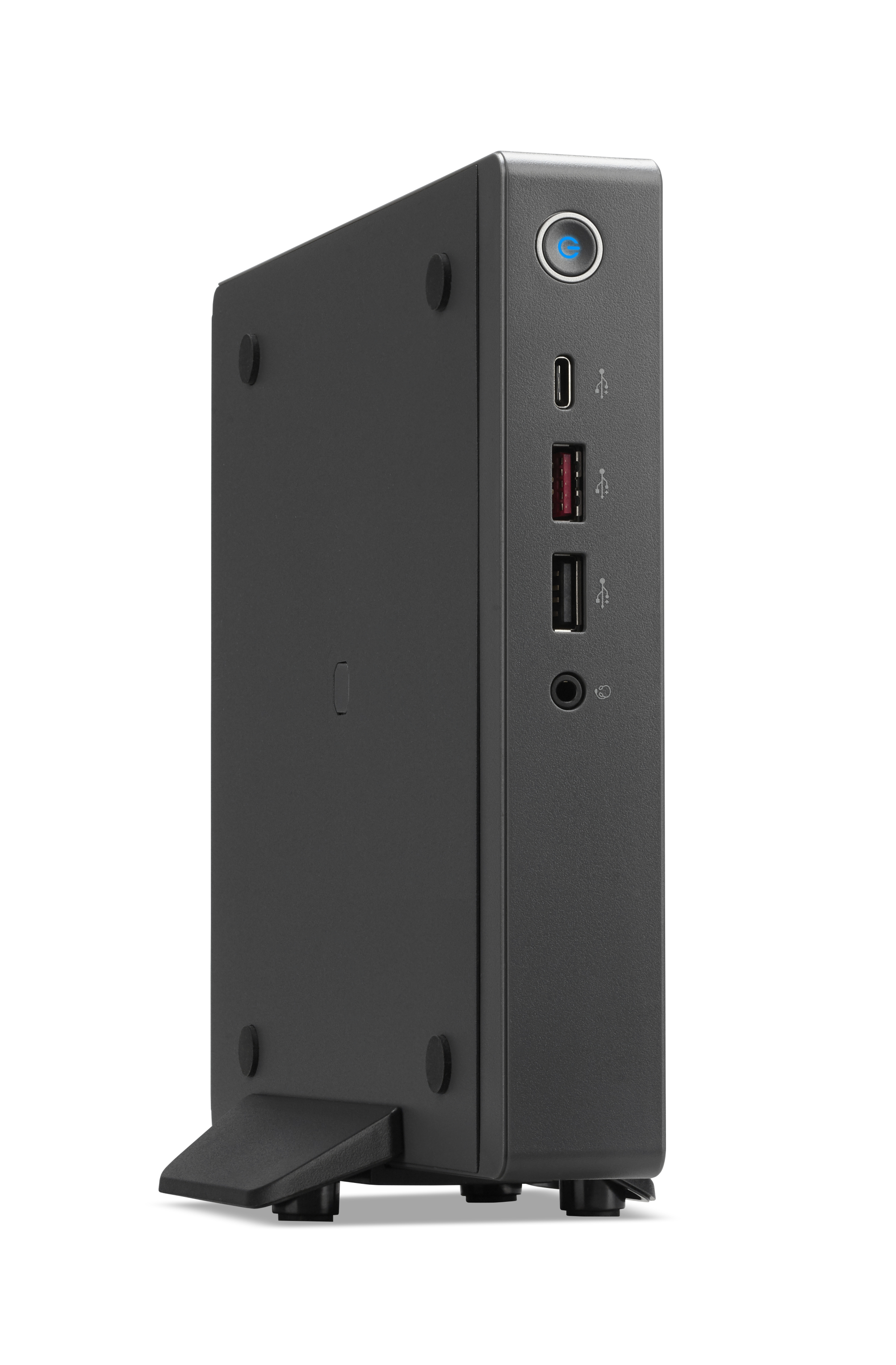 Case nero per mini PC con pulsante di accensione blu e porte USB.