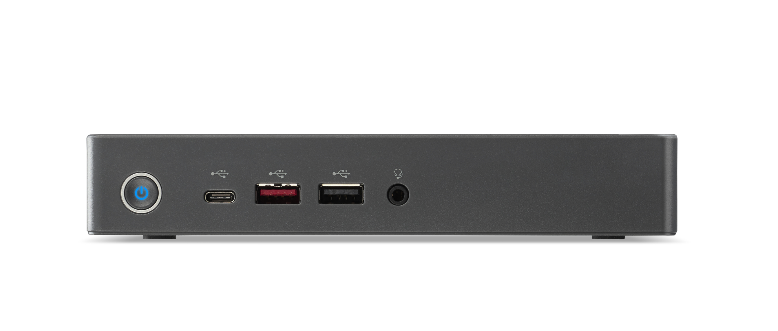 Case grigio per mini PC con pulsante di accensione, USB-C, USB-A e jack cuffie.