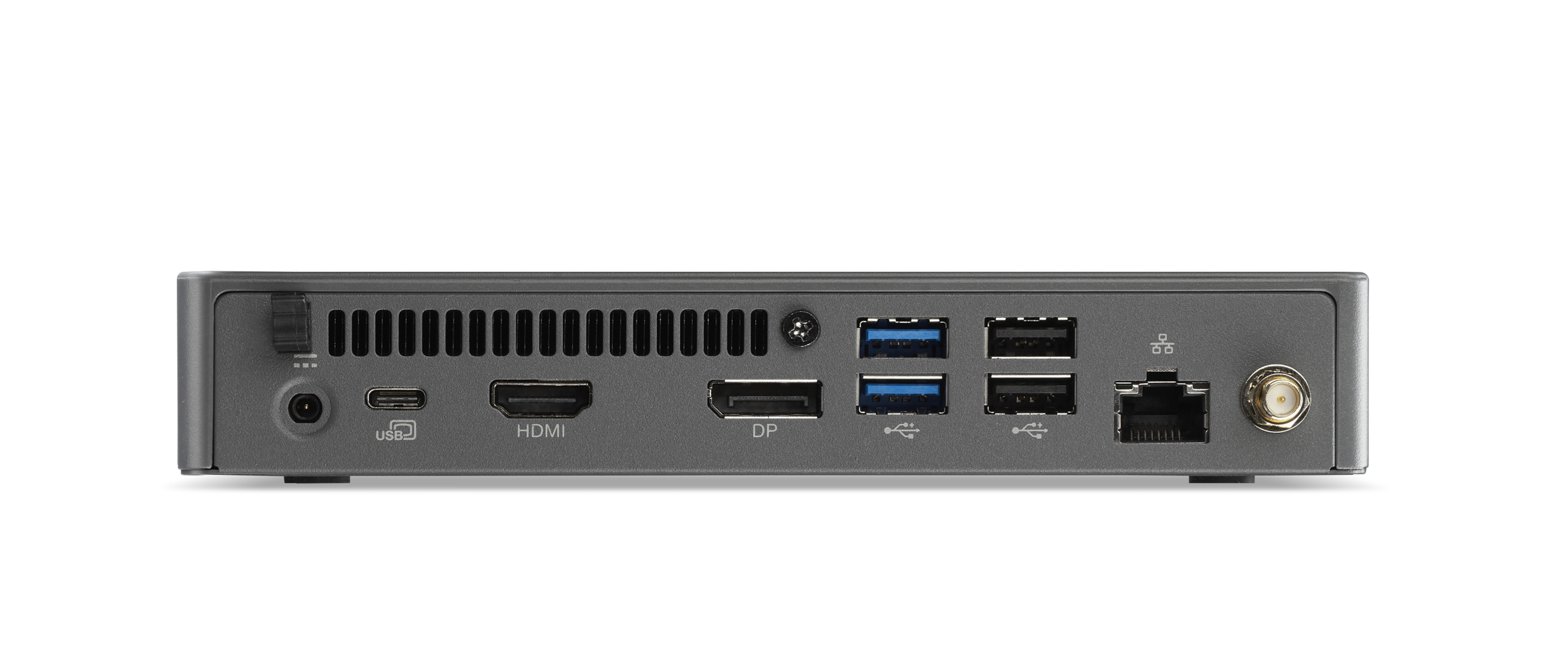 Vista posteriore di un mini PC grigio con porte USB, HDMI, DP, Ethernet e coassiali.