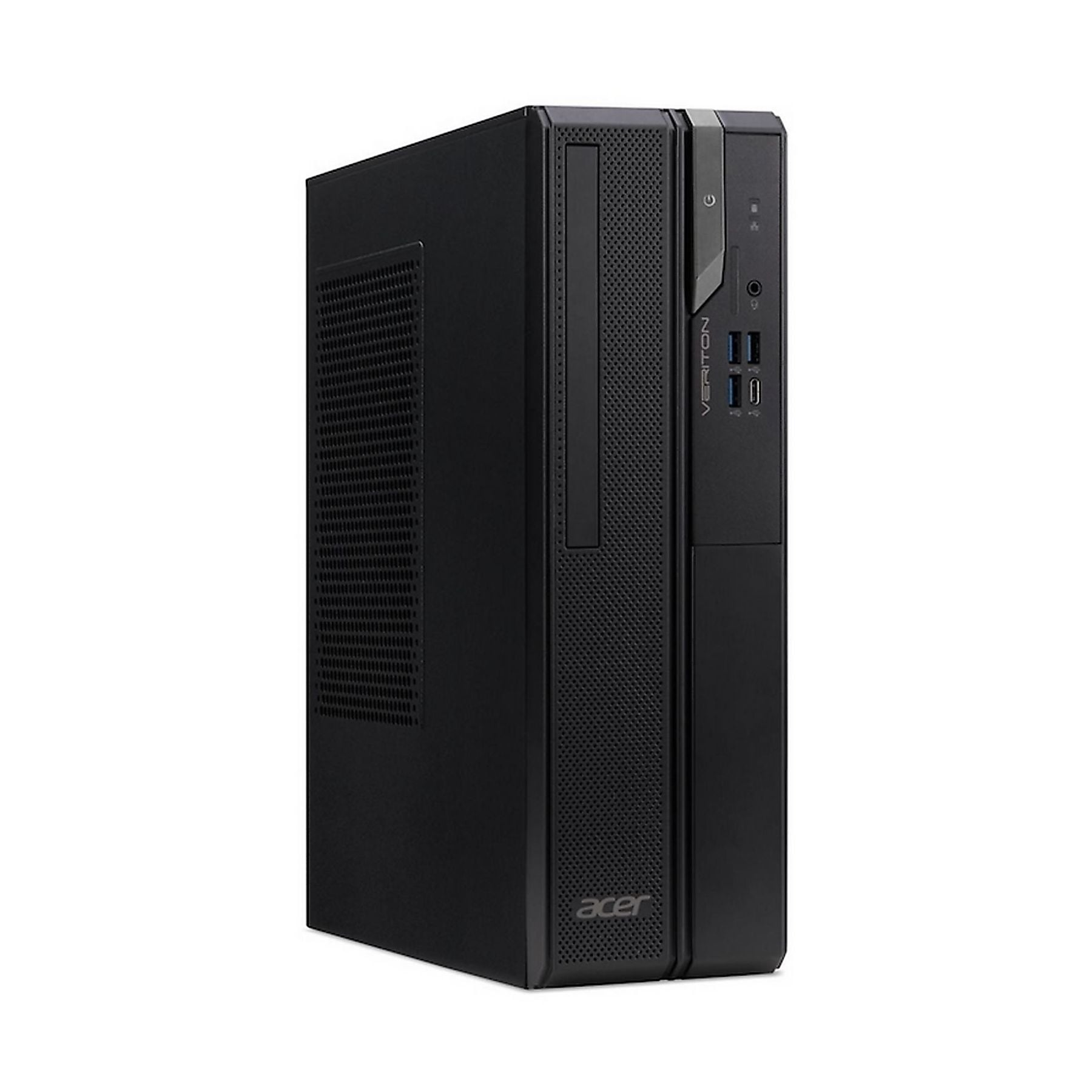 Computer desktop nero con fessure di ventilazione e porte anteriori.