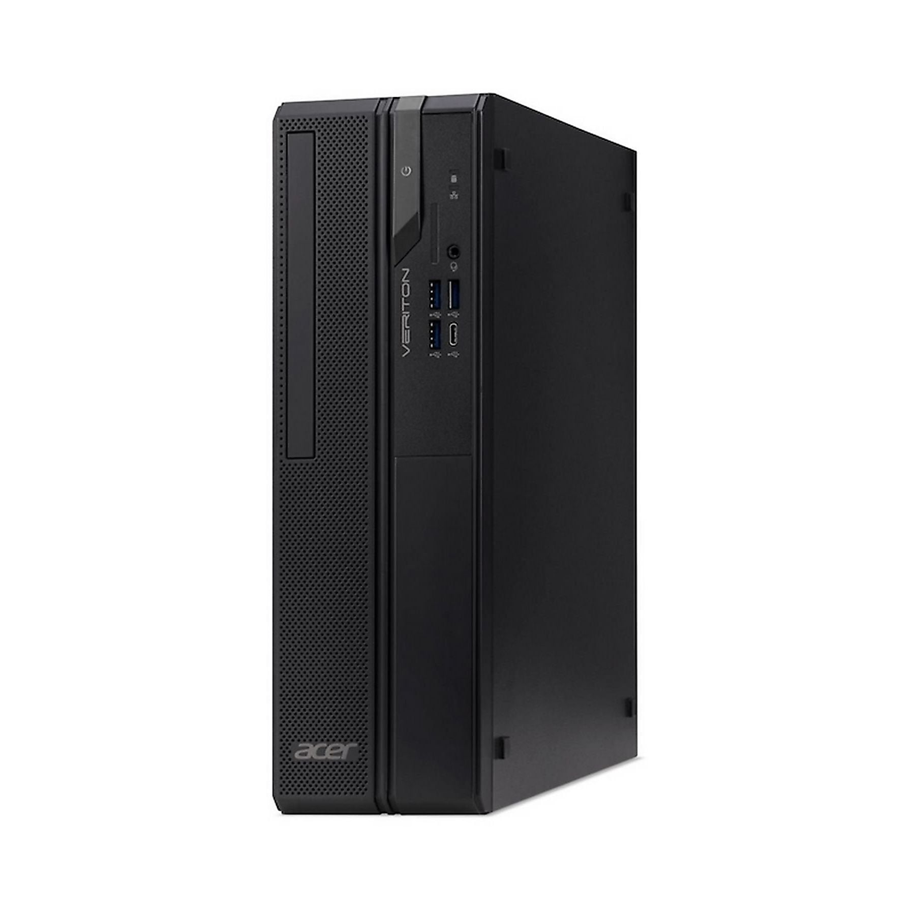 Computer desktop Acer Veriton nero con porte USB e pulsante di accensione.