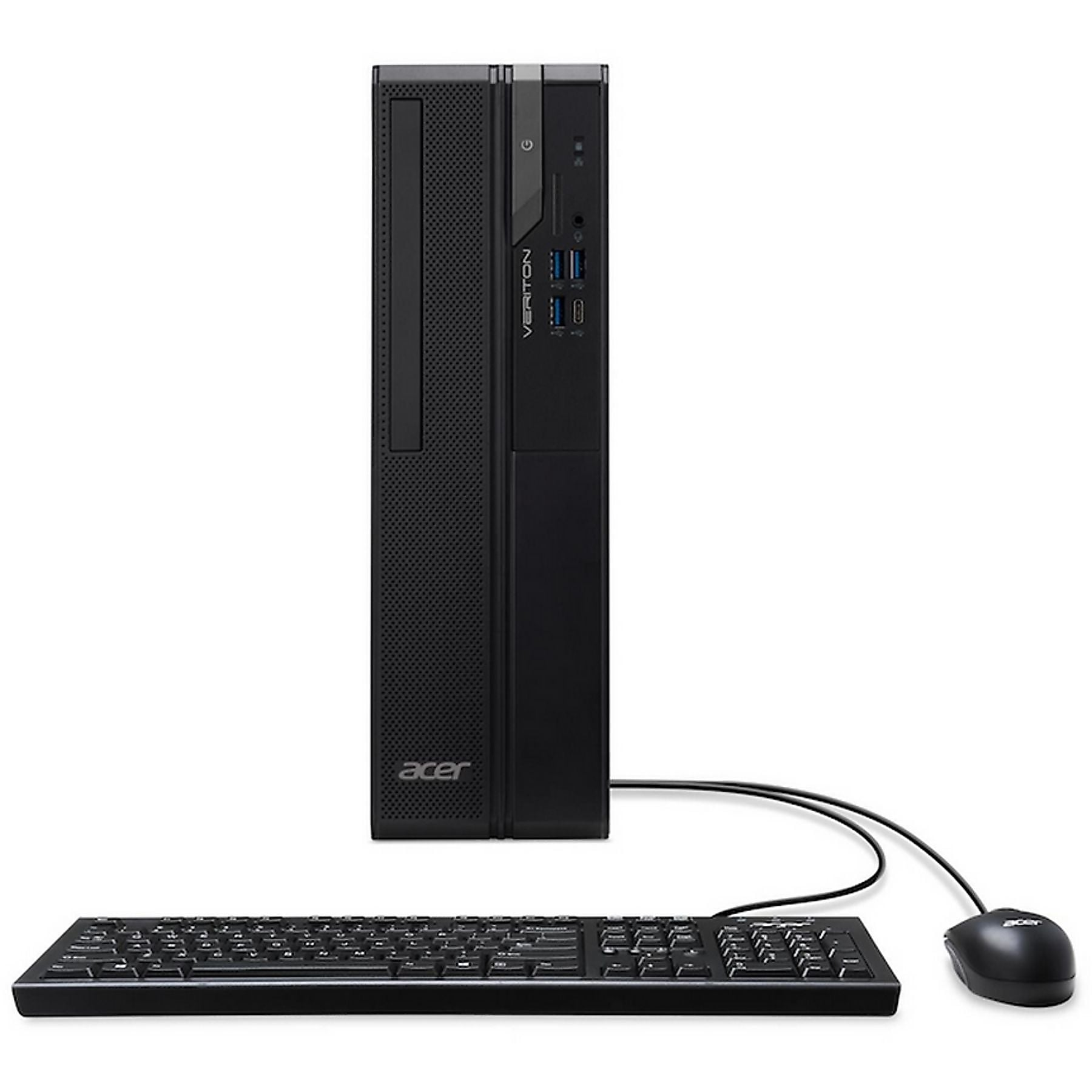 Computer desktop Acer Veriton nero con tastiera e mouse.