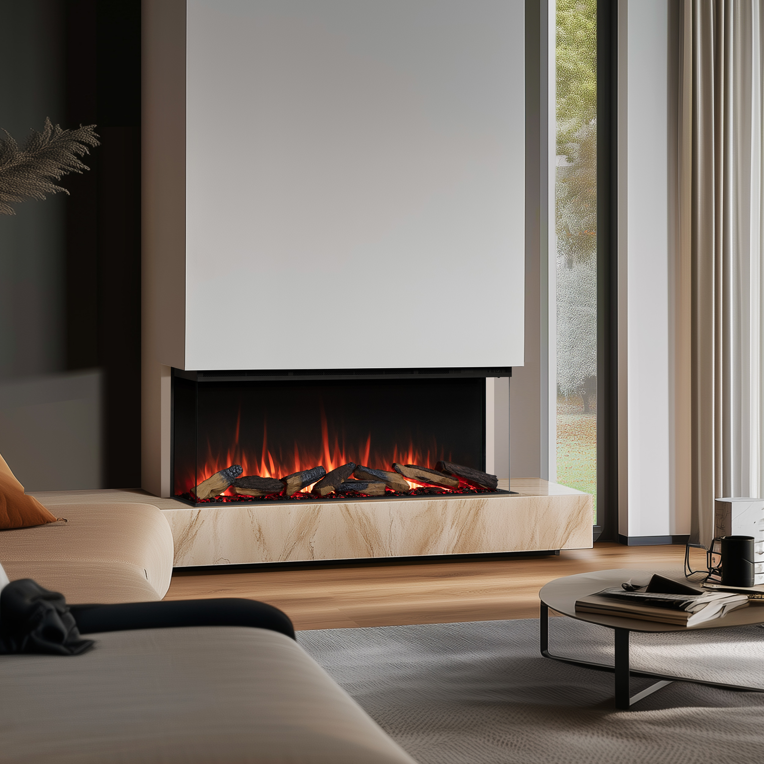 Ein moderner Kamin mit realistischen Flammen und Holzscheiten, flankiert von einem Sofa und einem Couchtisch.