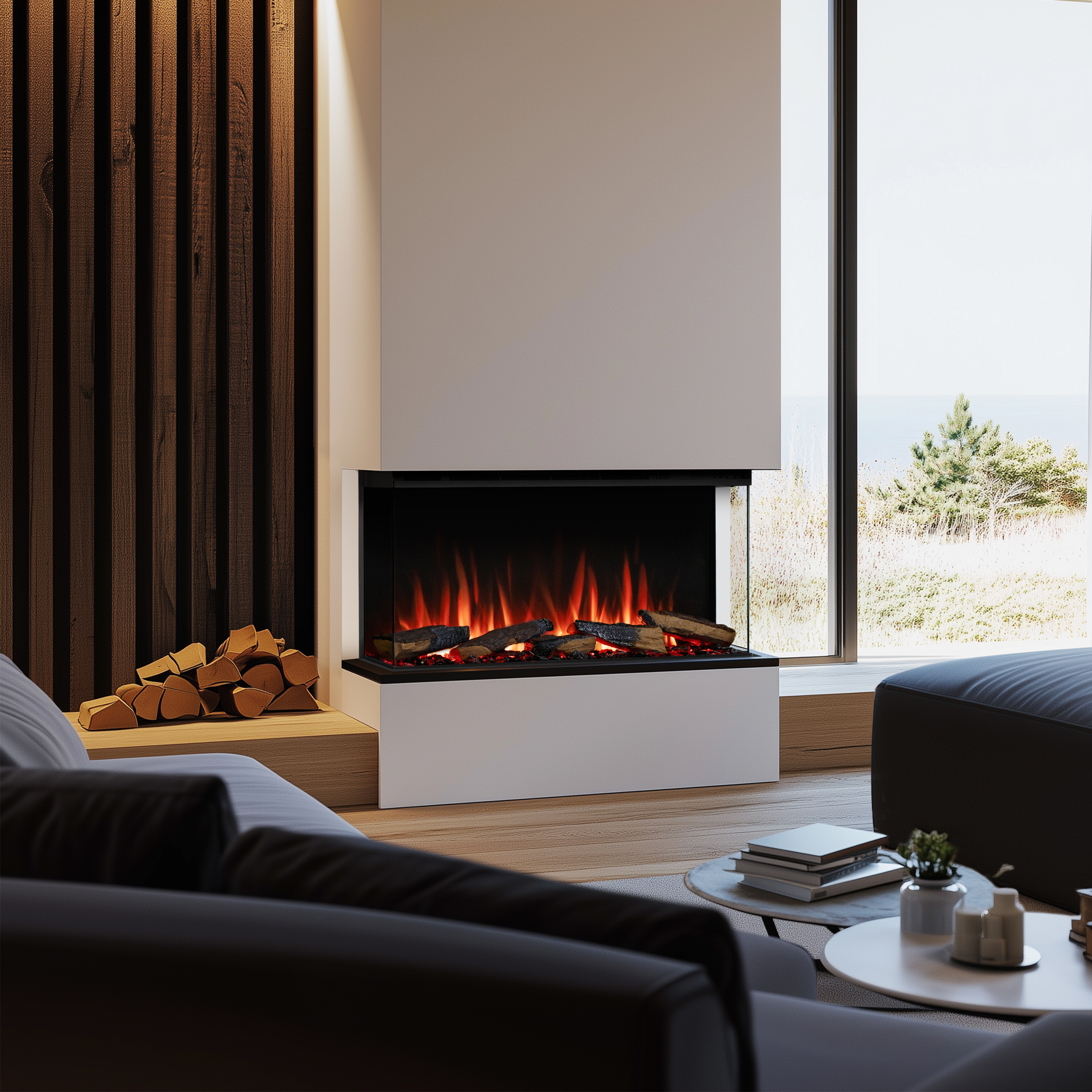 Ein moderner Kamin mit leuchtenden Flammen, Holzstapel und ein Fenster mit Blick auf die Natur.