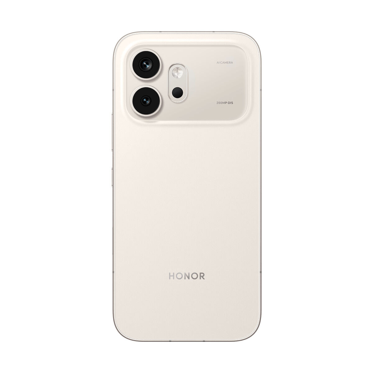 Rückseite eines cremefarbenen HONOR Smartphones mit 200MP AI-Kamera und OIS.