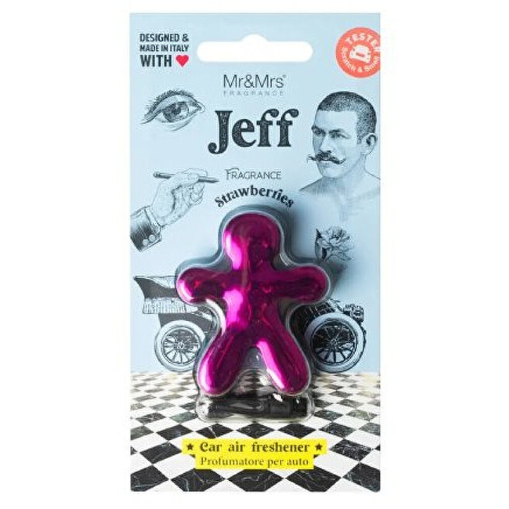 Pinker Mr&Mrs Jeff Erdbeer-Autolufterfrischer mit Oldtimer-Grafiken.