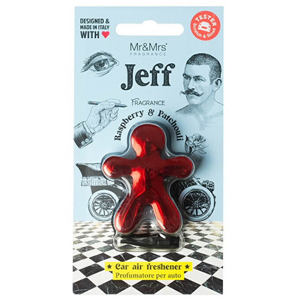 Roter Lebkuchenmann-Autolufterfrischer mit Himbeer- & Patschuli-Duft.