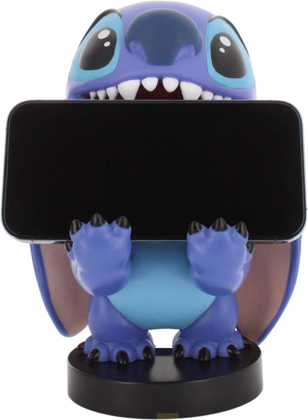 Statua viola di Stitch che tiene uno smartphone, su base nera.