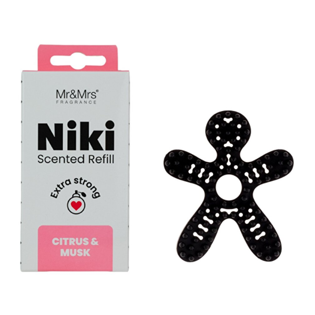 Niki Duftnachfüller "Citrus & Musk" und ein schwarzer Duftspender in Menschenform.