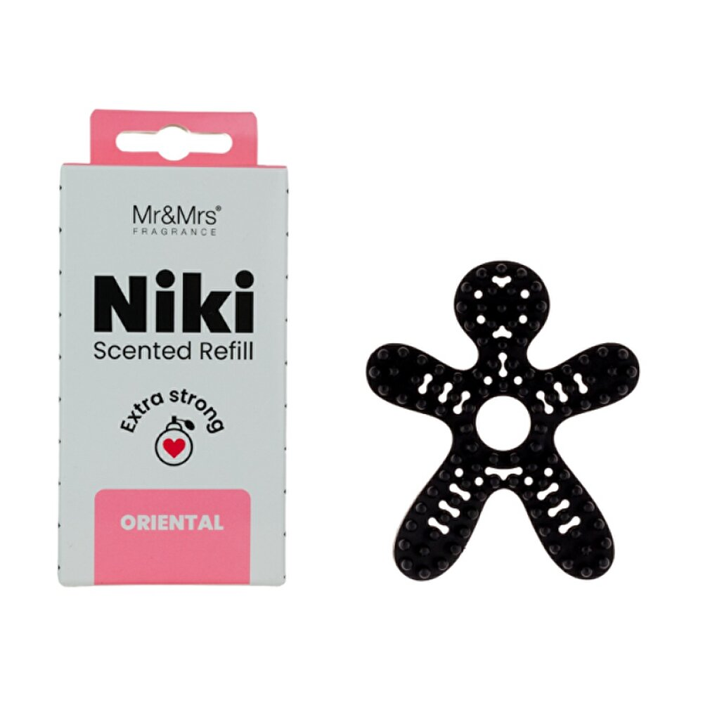 Ein schwarzer Duftspender in Menschenform neben einer Packung mit "Niki Scented Refill Oriental".