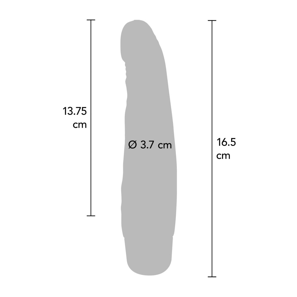 Graues Objekt mit Maßen: 13,75 cm Länge, 16,5 cm Gesamtlänge, 3,75 cm Durchmesser.