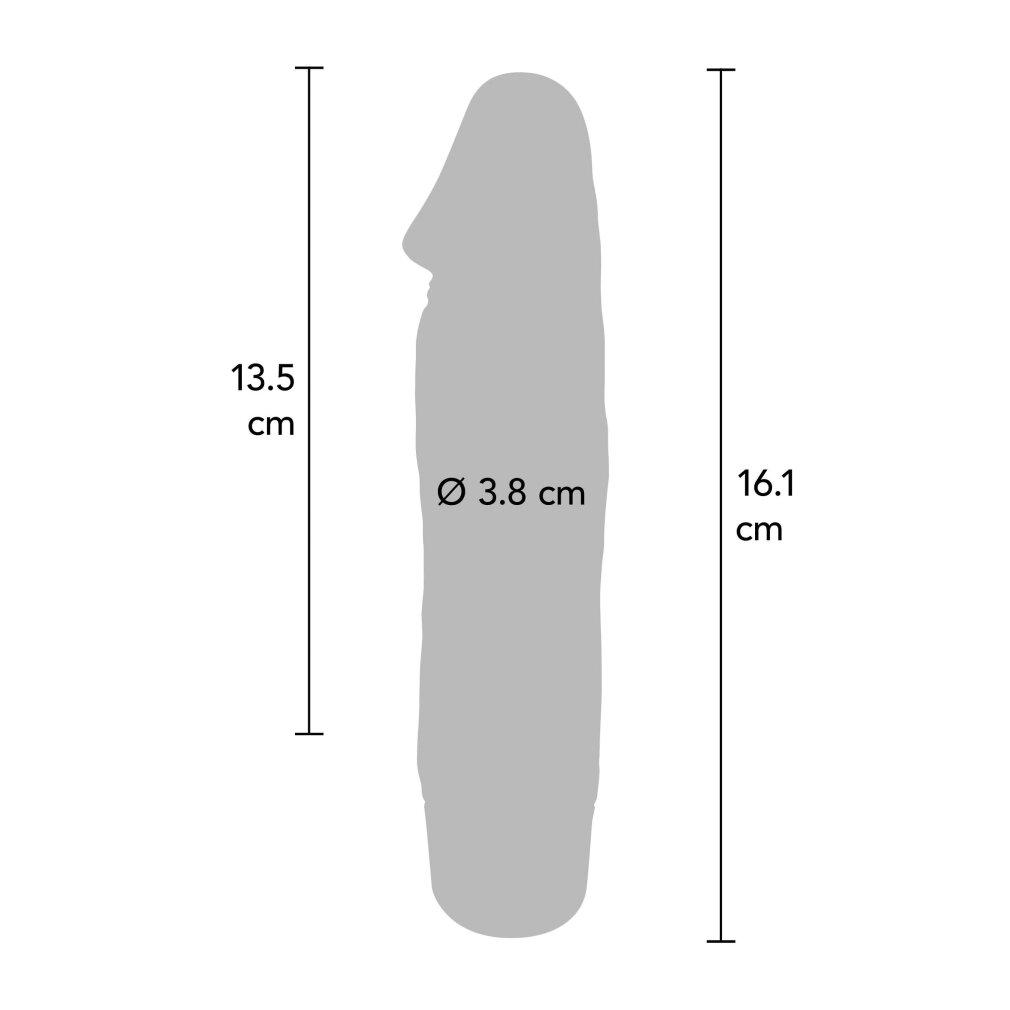 Diagramm zeigt eine graue Silhouette mit Maßen: 13,5 cm Länge, 16,1 cm Länge, 3,8 cm Durchmesser.