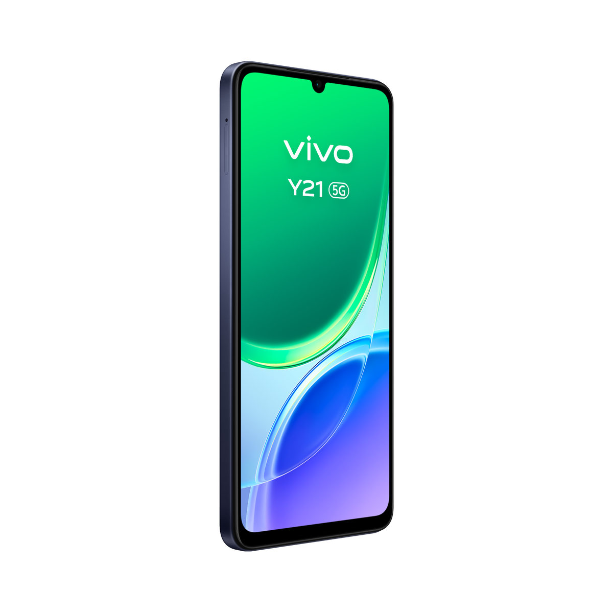Uno smartphone blu Vivo Y21 5G con sfondo verde e blu.