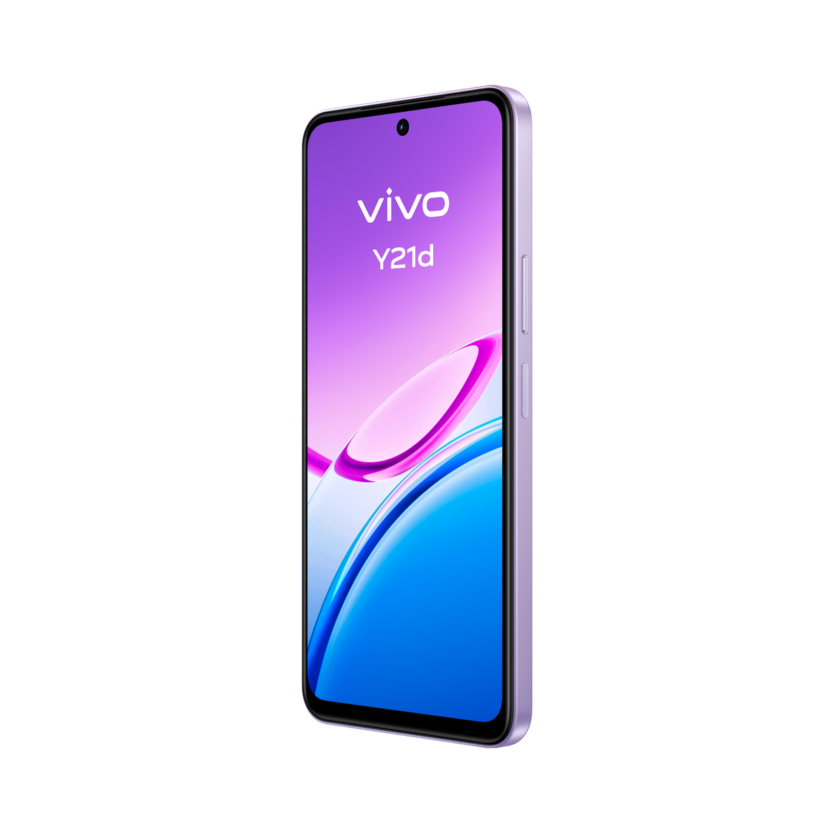 Uno smartphone viola Vivo Y21d angolato a sinistra, mostra schermo con grafica.