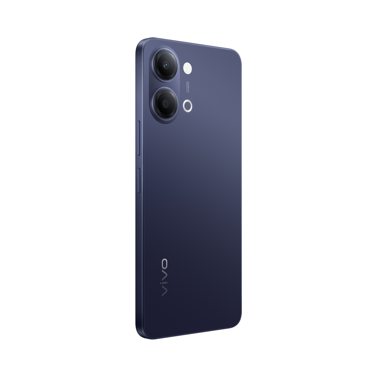 Uno smartphone blu scuro con doppia fotocamera e logo Vivo.