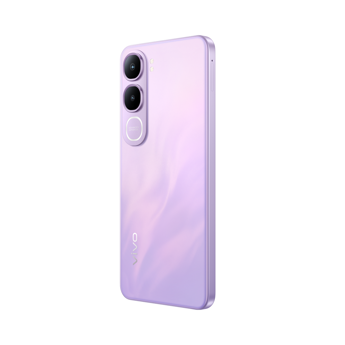 Uno smartphone viola con tre fotocamere posteriori, su sfondo nero.