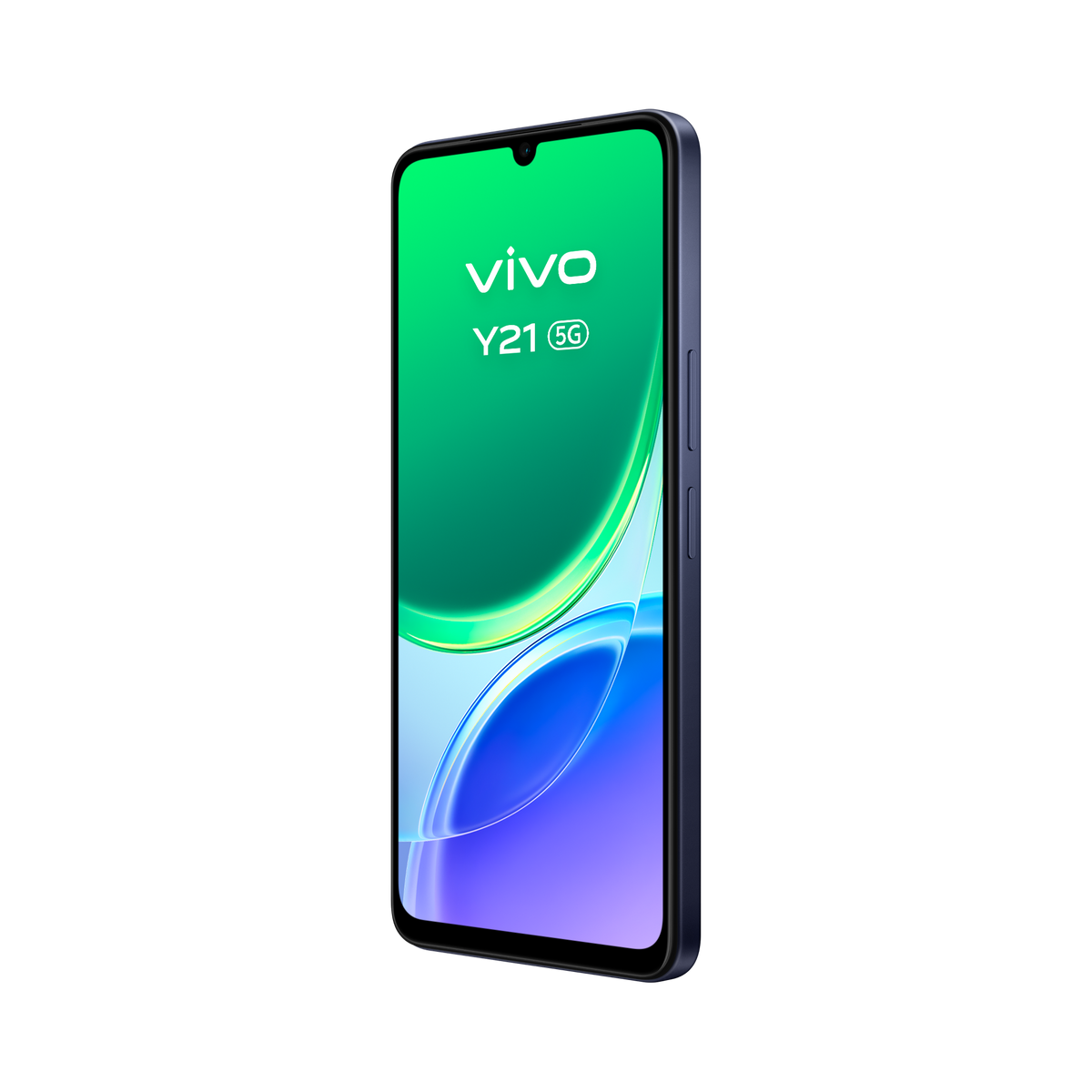 Uno smartphone Vivo Y21 5G blu su sfondo verde