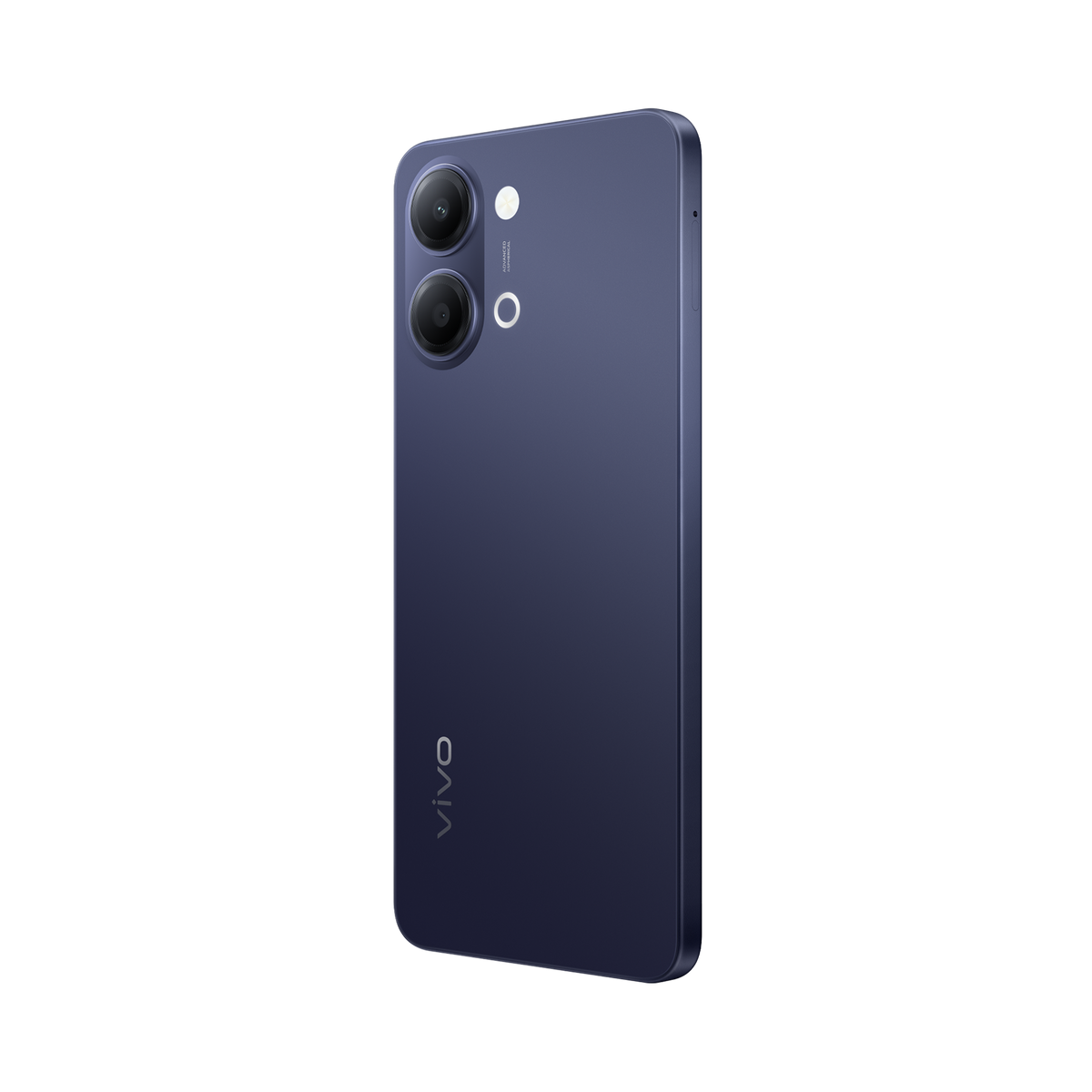 Retro di uno smartphone blu scuro con due fotocamere e il logo Vivo.