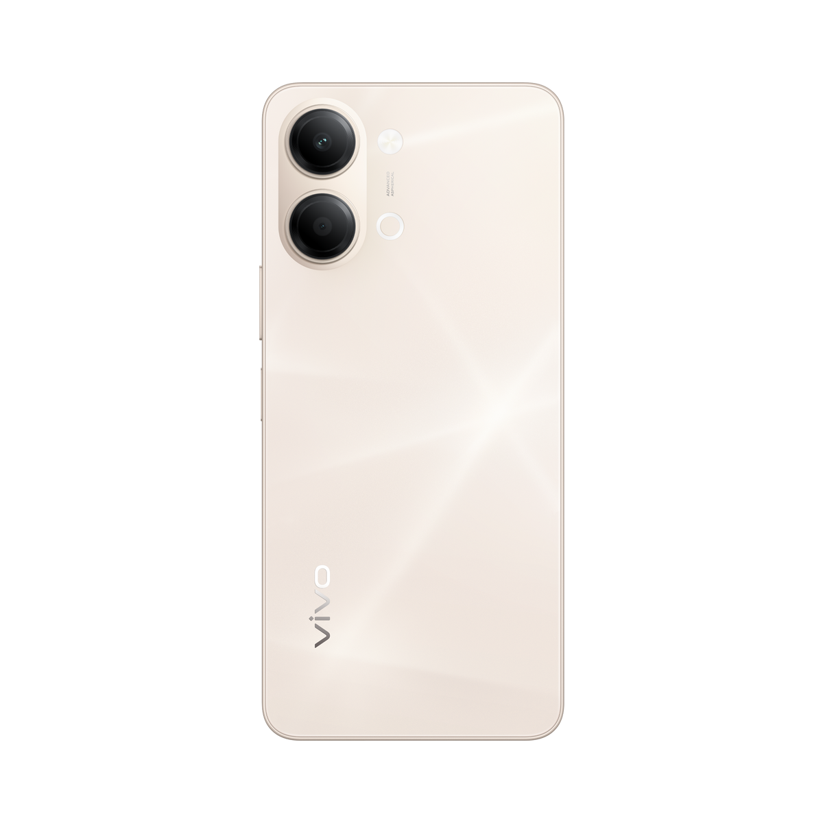 Retro di uno smartphone beige chiaro con doppia fotocamera e logo Vivo.