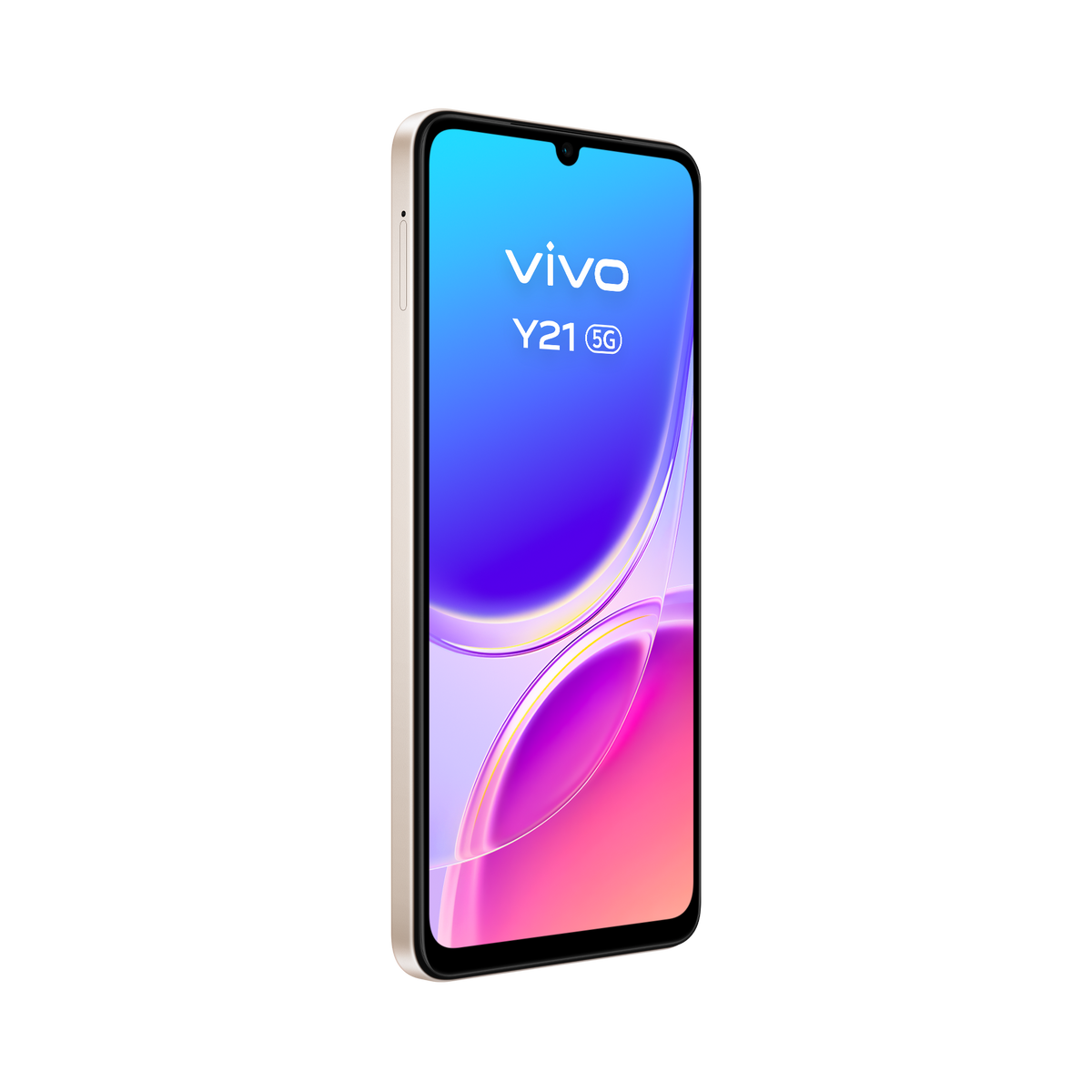 Uno smartphone Vivo Y21 5G color oro con uno sfondo colorato.