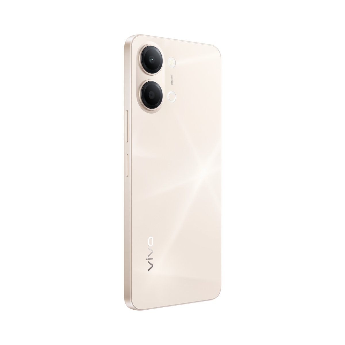 Retro di uno smartphone beige con doppia fotocamera e logo Vivo.