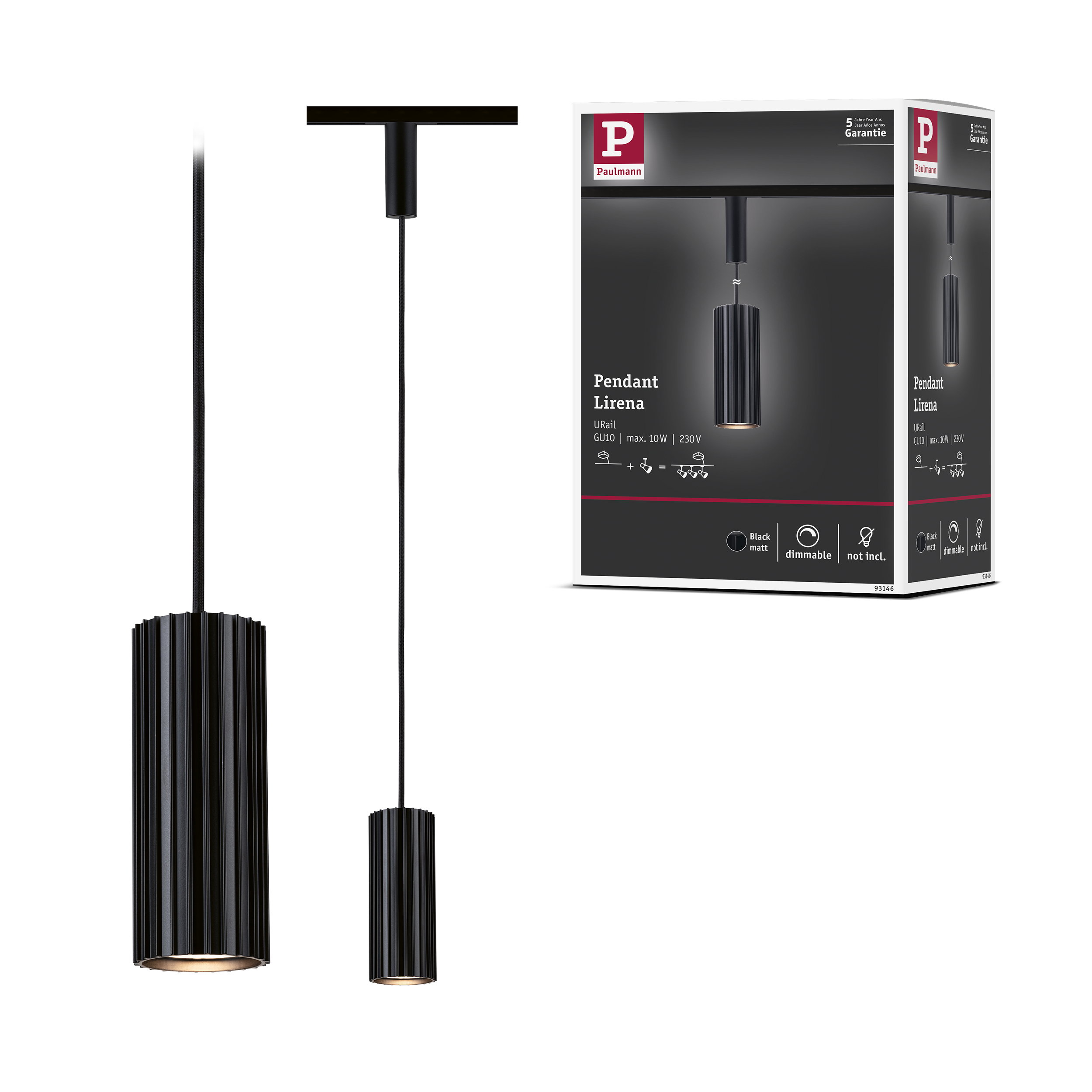 Czarna lampa wisząca Paulmann Lirena z karbowanym cylindrem i kablem.