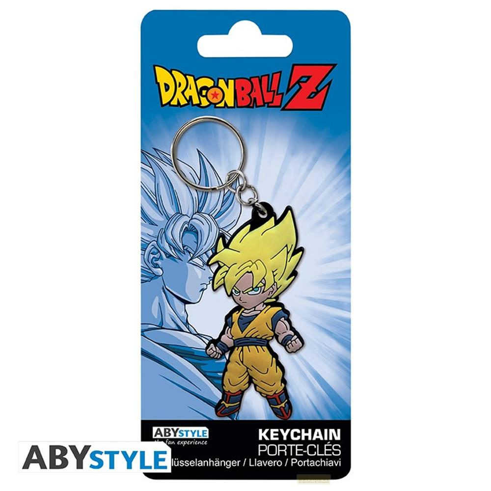 Llavero Dragon Ball Z con Goku en amarillo y personaje azul de fondo.