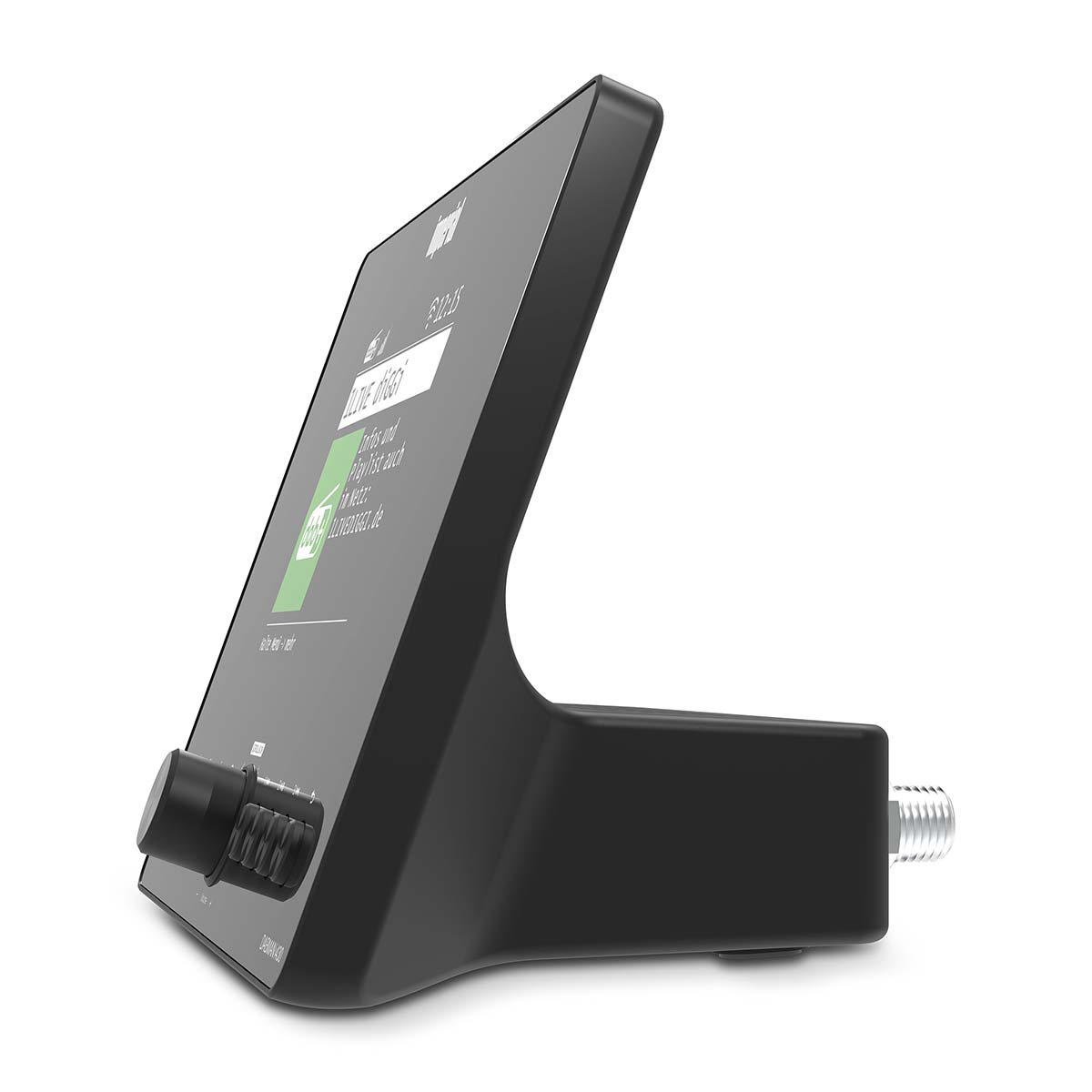 Black device with screen and dial, white background.