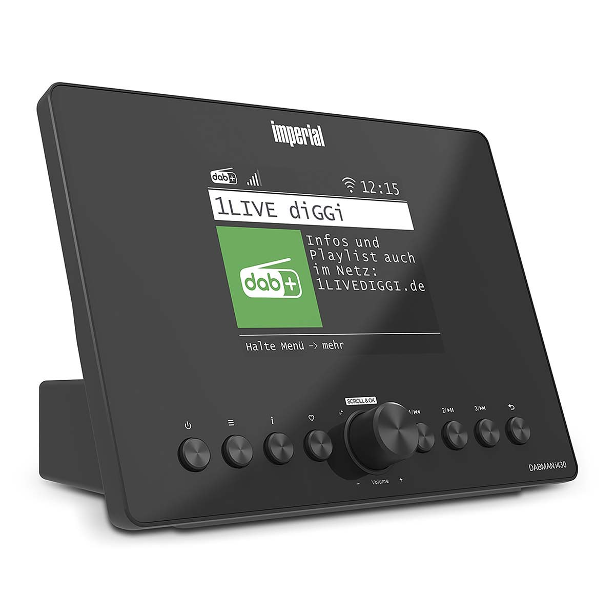 A black DAB+ radio with a display showing 1LIVE diggi.
