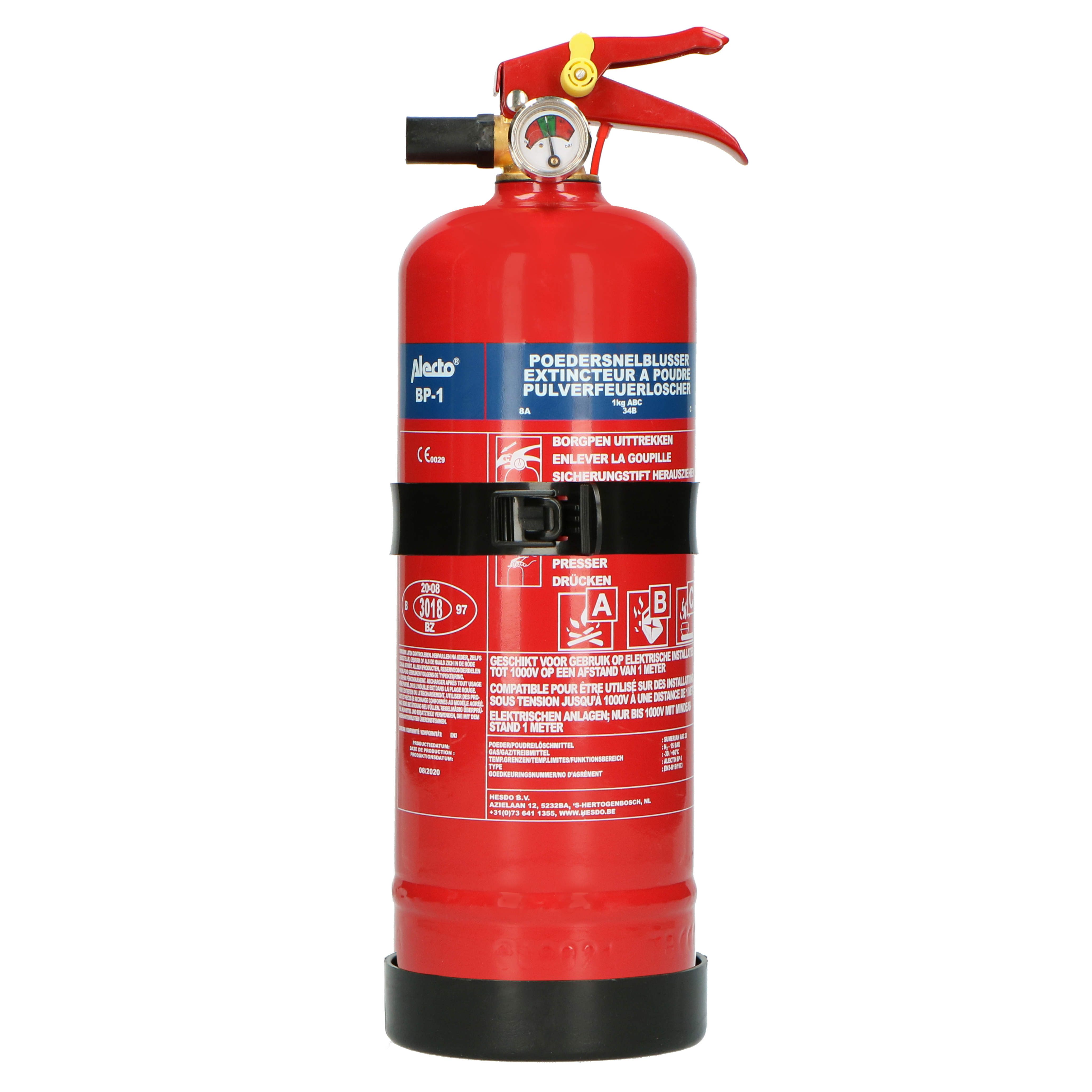 Un extincteur rouge avec manomètre et instructions.