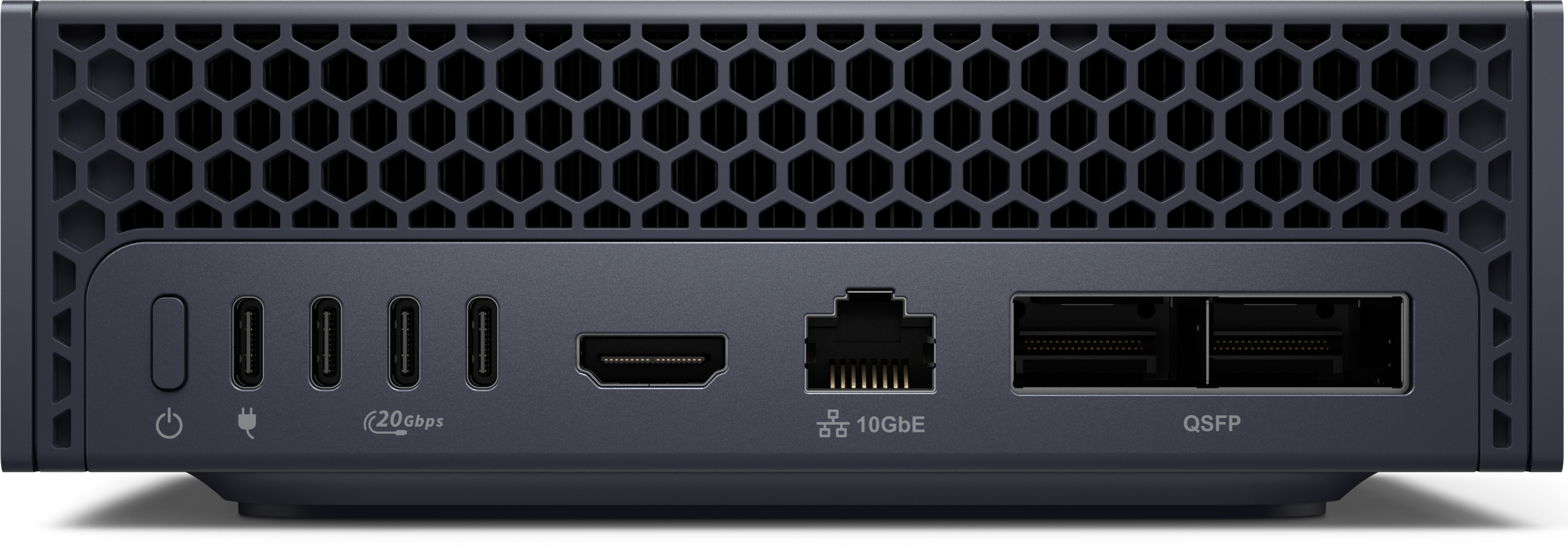Retro di un computer grigio con porte: 3x USB-C, HDMI, LAN 10GbE, QSFP.