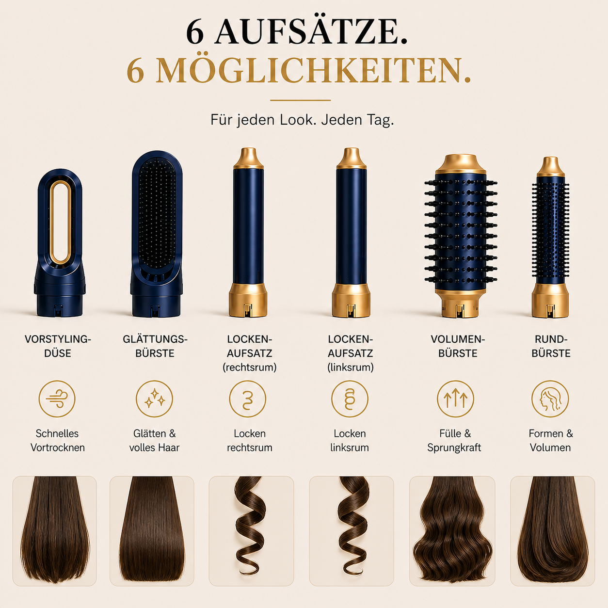Sechs Haarpflegeaufsätze mit verschiedenen Funktionen und Frisuren.