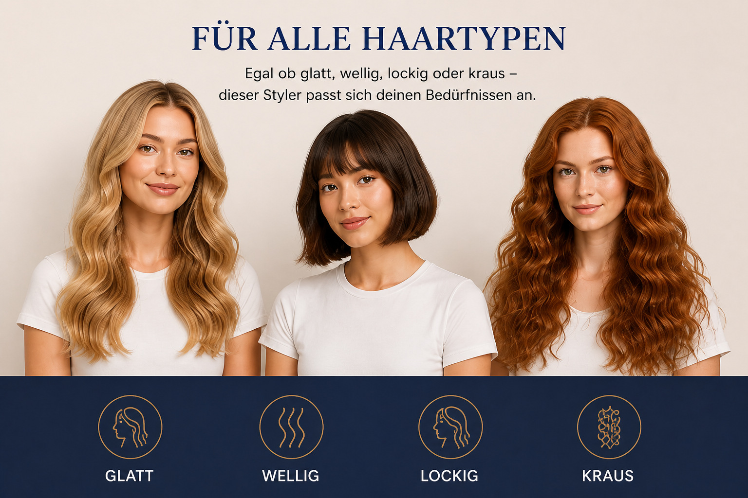 Drei Frauen mit unterschiedlichen Frisuren: glatt, wellig und lockig.