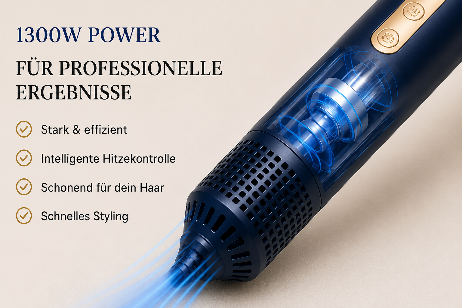 Dunkelblaues Haartrockner-Stylinggerät mit schematischer Darstellung des Innenlebens.