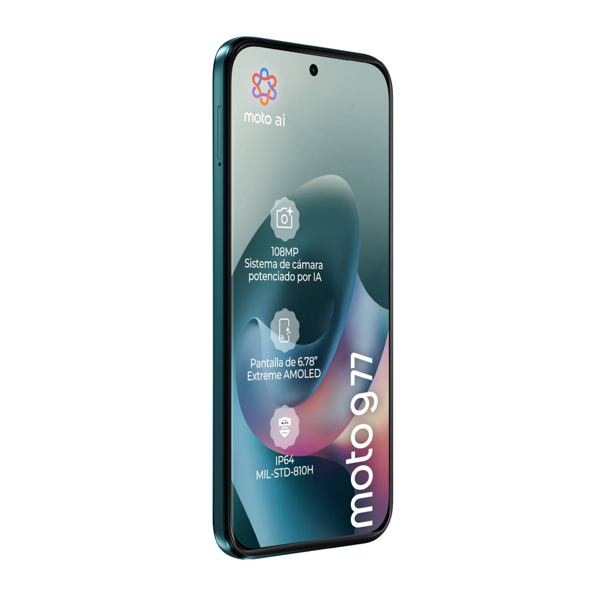 Un Motorola Moto G 77 blu con fotocamera da 108MP, display AMOLED da 6,78", IP64.