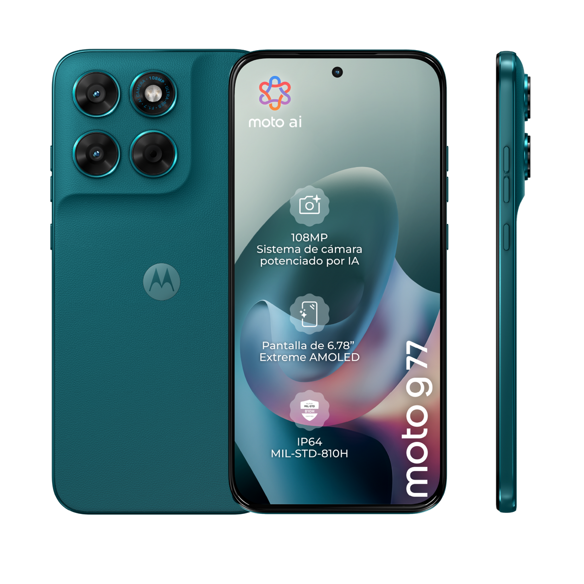 Un telefono Motorola color verde acqua con fotocamera da 108MP e display AMOLED.