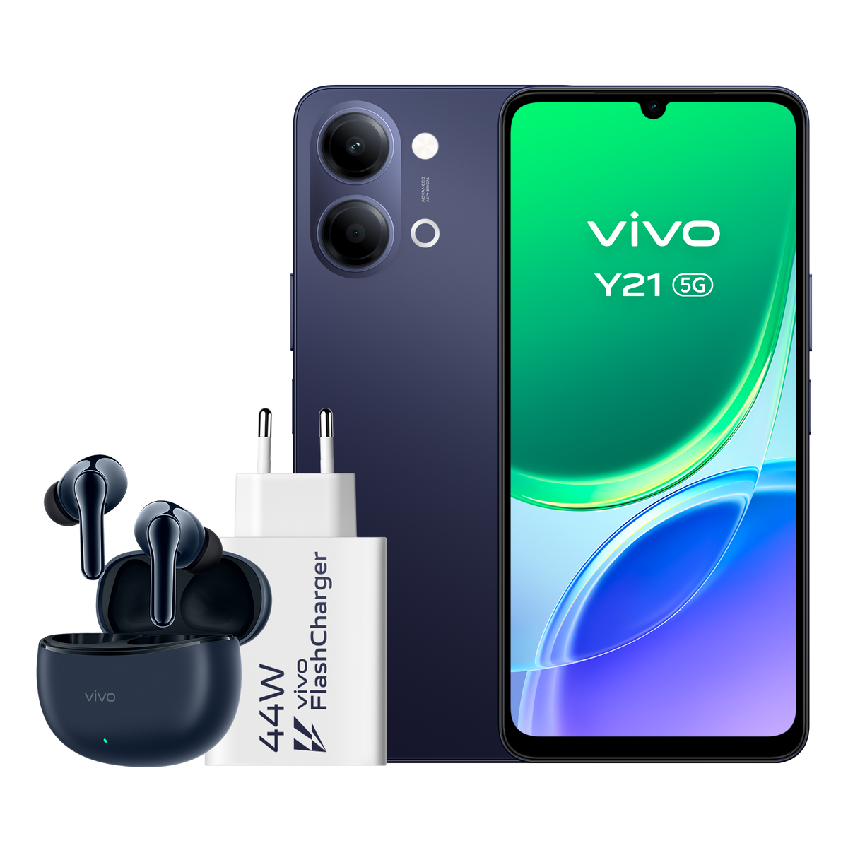 Smartphone Vivo Y21 5G blu scuro con auricolari e caricabatterie rapido bianco 44W.