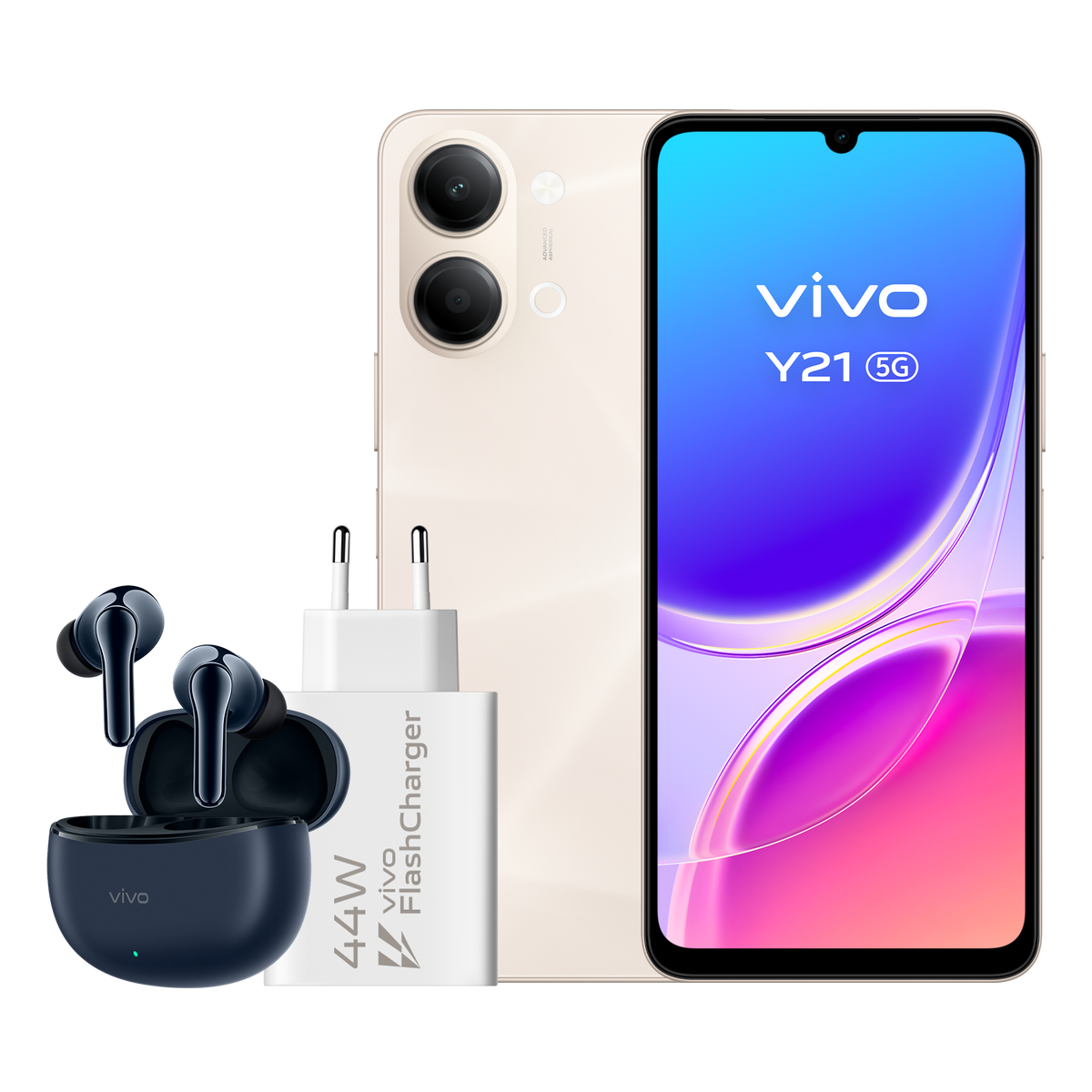 Un telefono Vivo Y21 5G beige, un caricatore bianco da 44W e auricolari blu.