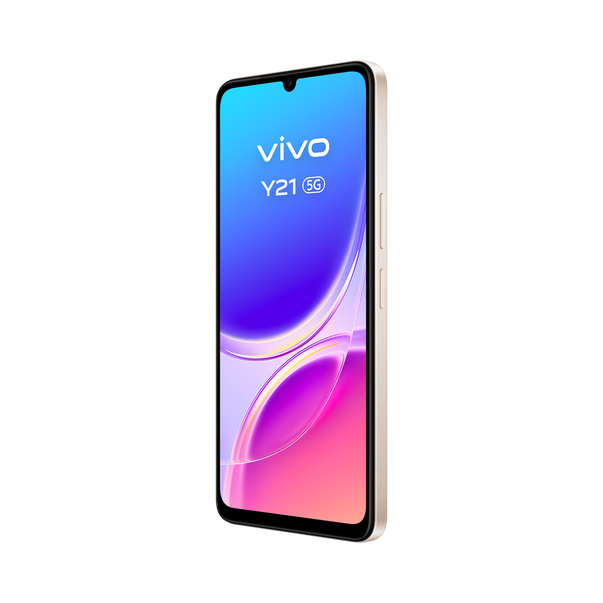 Uno smartphone Vivo Y21 5G con cornice color crema e uno sfondo vivace.