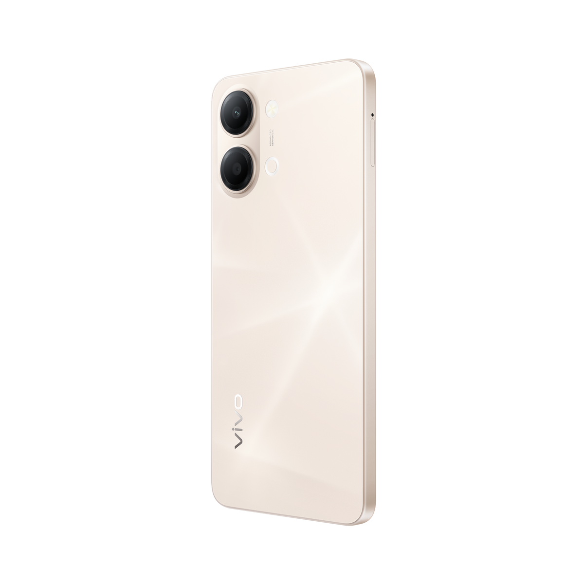 Uno smartphone beige chiaro con doppia fotocamera sul retro.