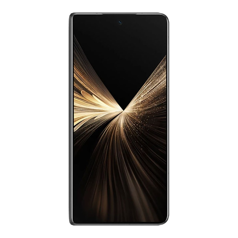 Uno smartphone elegante con uno sfondo astratto scuro e strisce dorate.