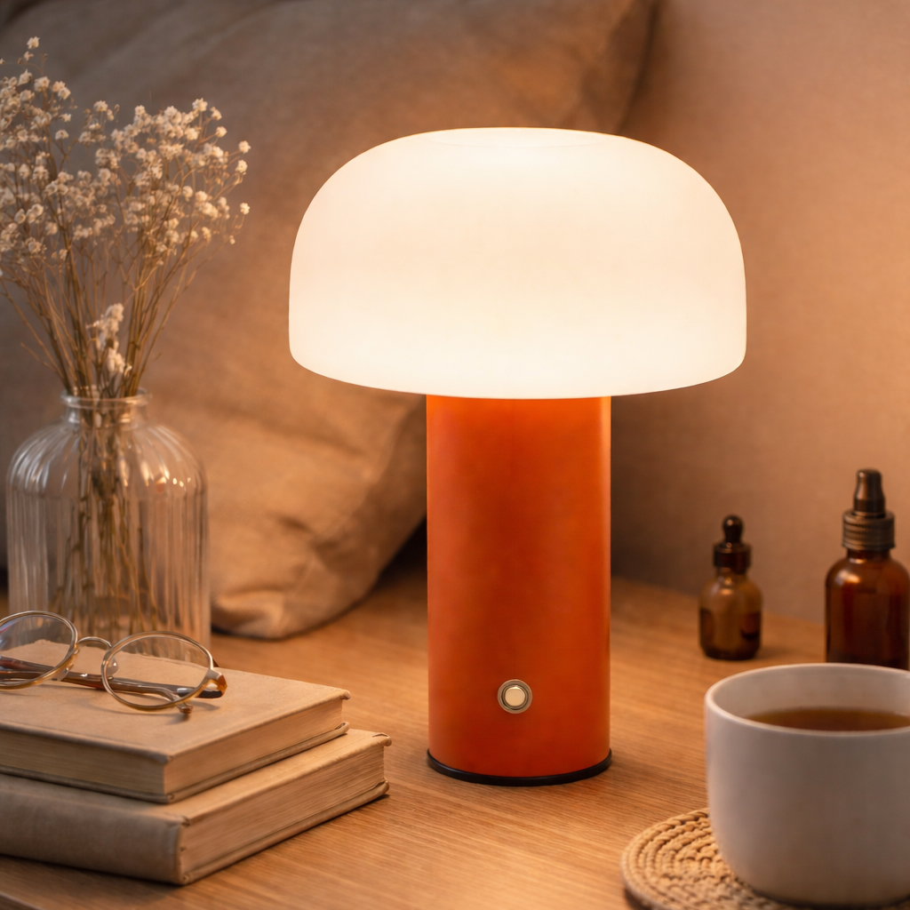 Eine moderne orange Pilzlampe steht auf einem Holztisch neben Büchern, einer Brille und einer Tasse Tee.