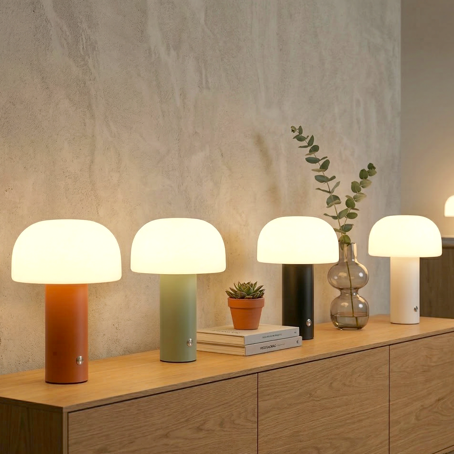 Vier Pilz-Tischlampen in Orange, Grün, Schwarz und Weiß stehen auf einem Holzschrank.