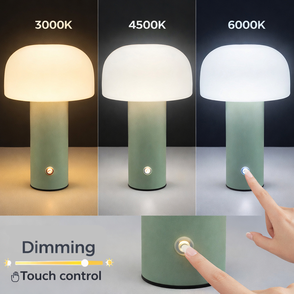 Tischlampe in drei Lichtfarben: Warmweiß, Neutralweiß, Kaltweiß. Touch-Bedienung.