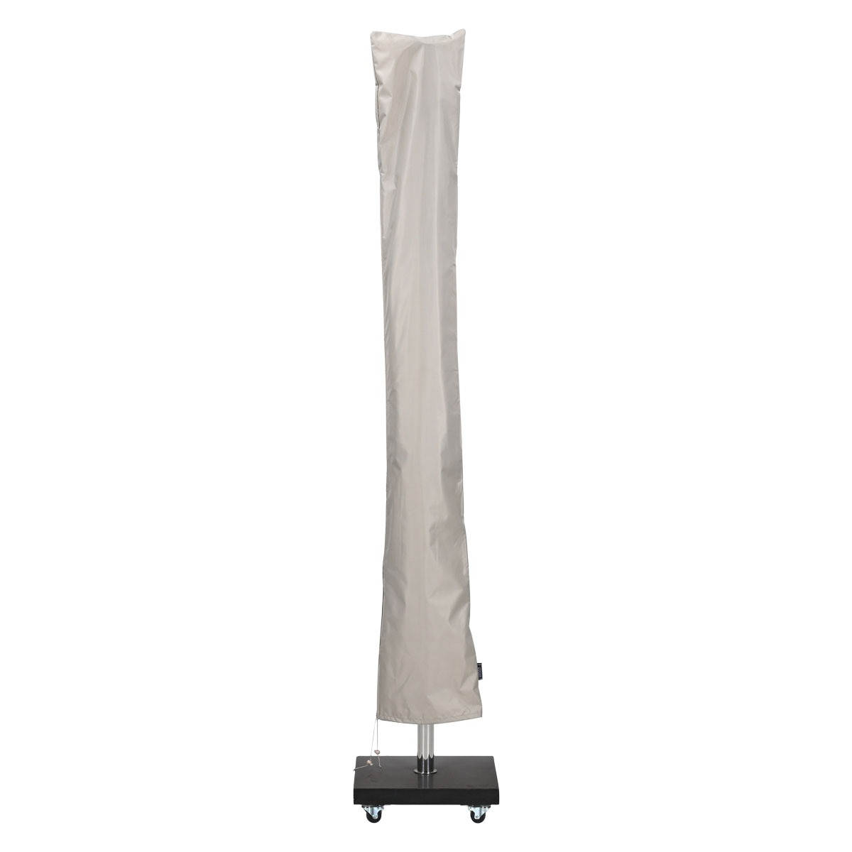 Light grey umbrella cover on wheeled base against white background.