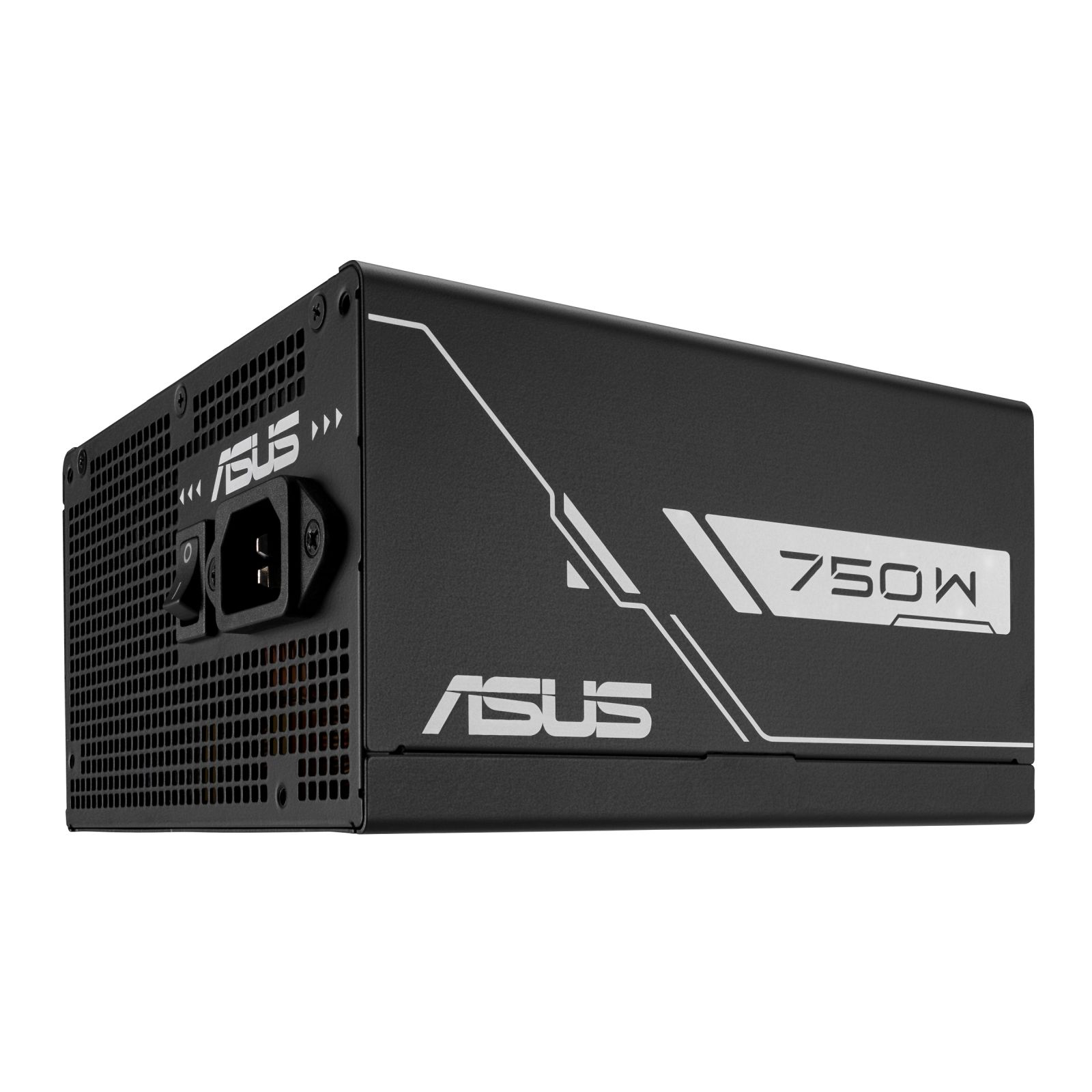 Czarny zasilacz ASUS 750W z otworami wentylacyjnymi i logo.