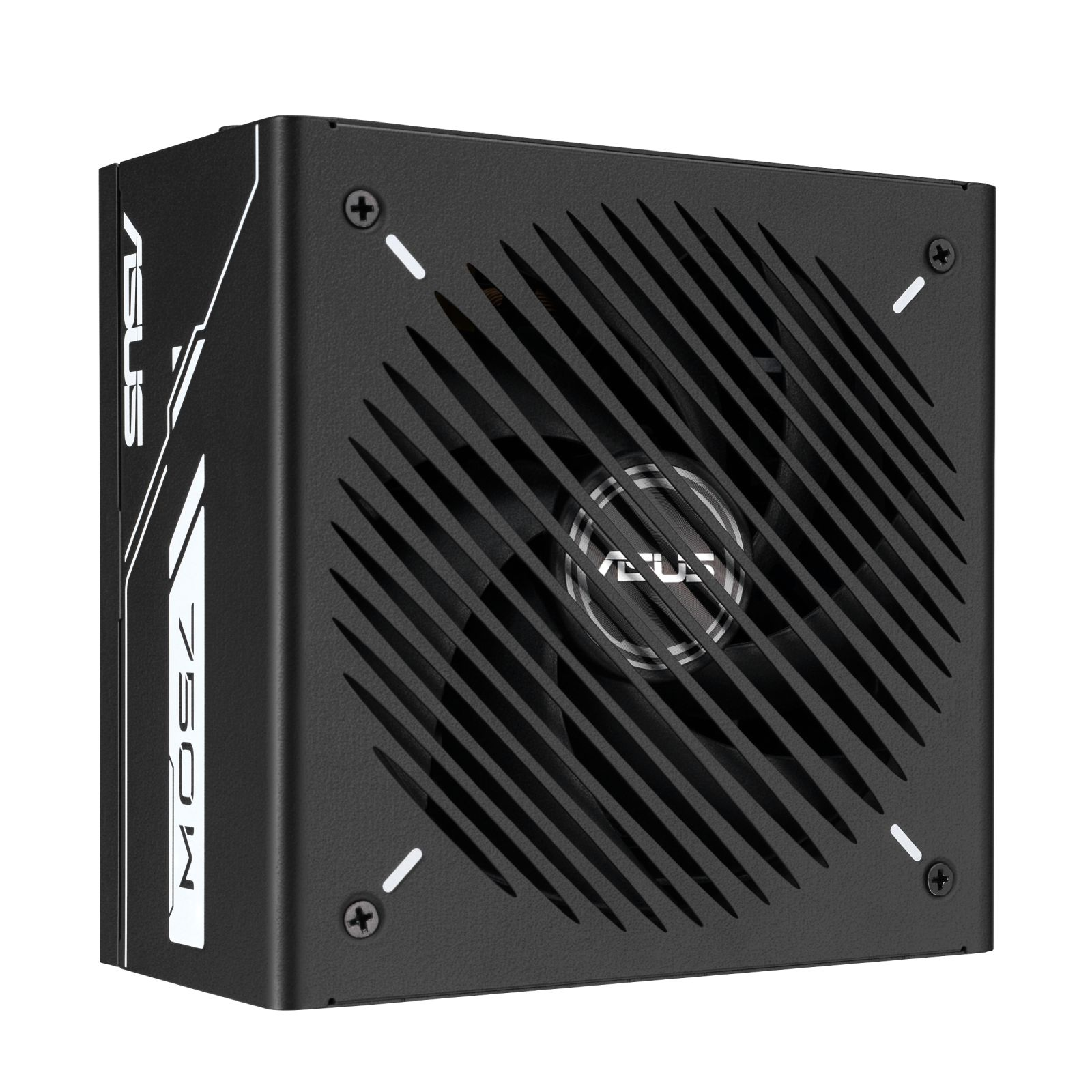 Czarny zasilacz ASUS 750W z kratką wentylatora i logo ASUS.