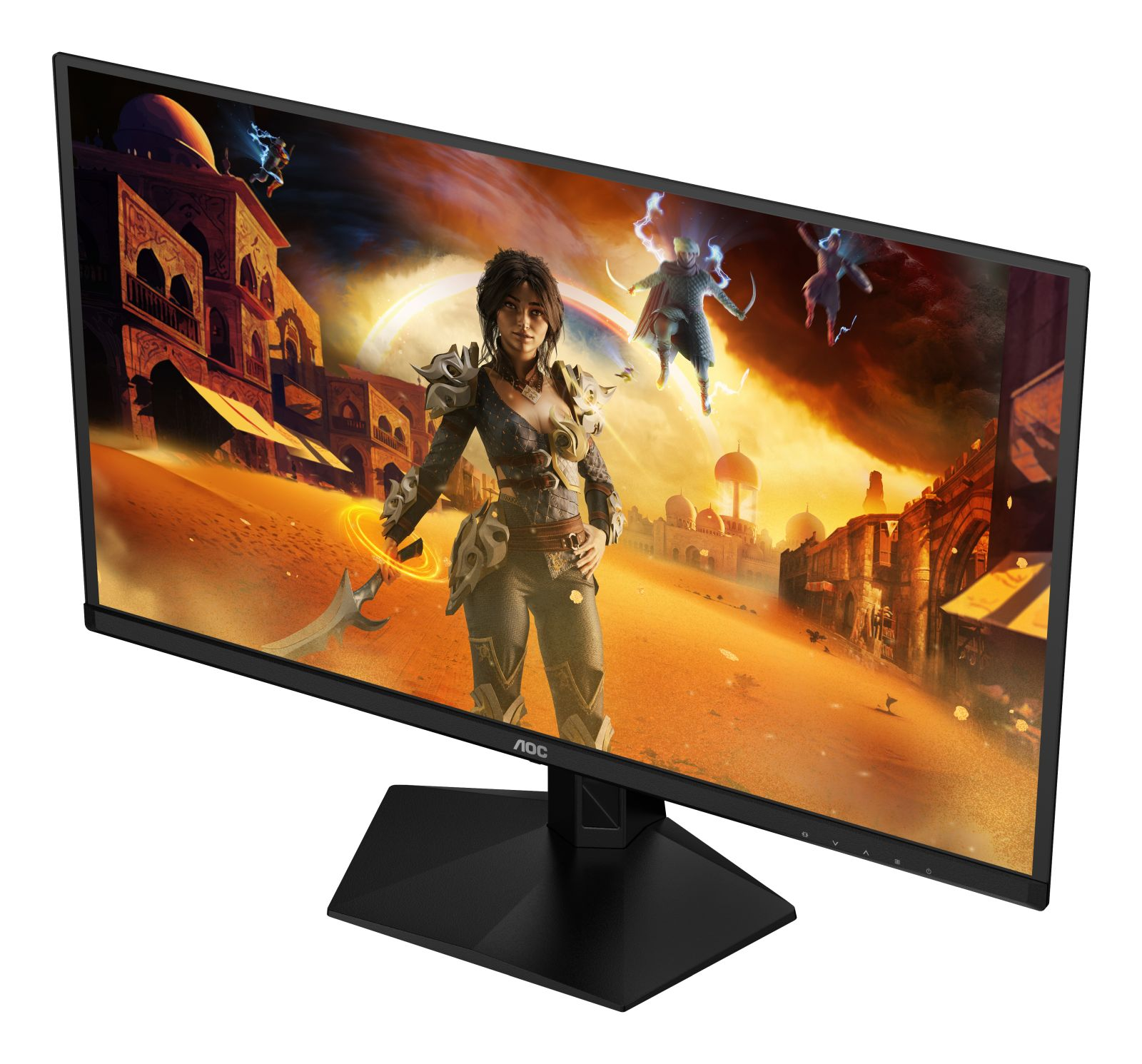 Monitor wyświetla grę fantasy z wojowniczką i latającymi postaciami w pustynnym mieście.