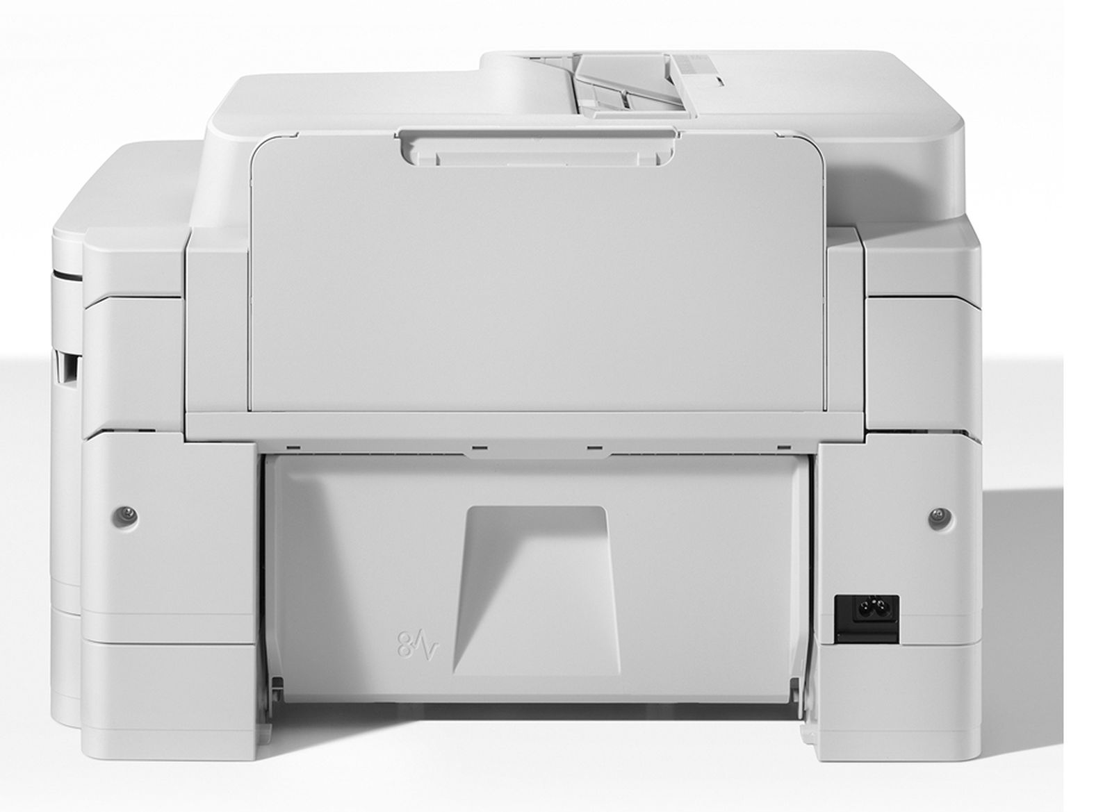 Ein weißer Drucker mit Papierfach und Anschlüssen auf der rechten Seite.