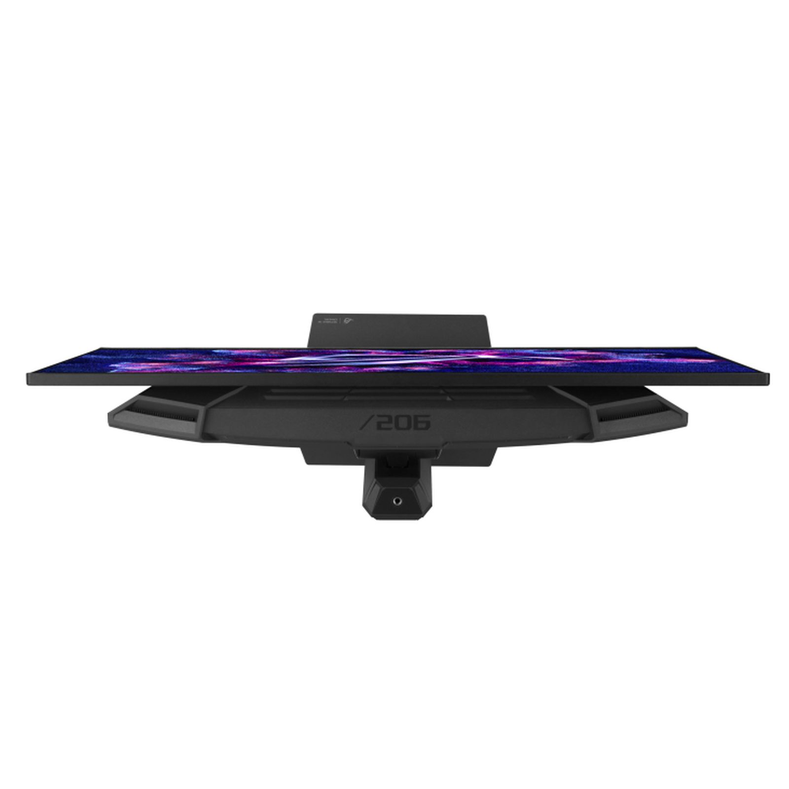 Black monitor stand with purple and blue patterns on the screen.